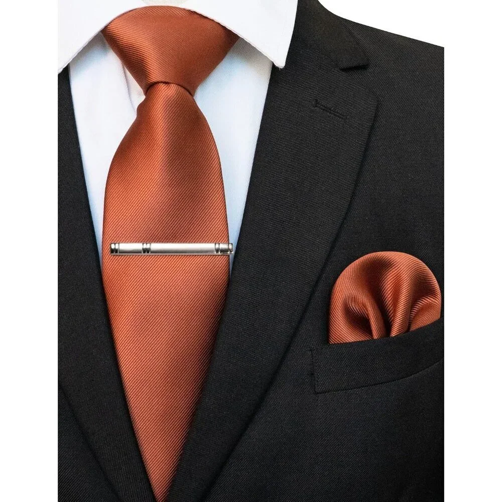Men's Rust Colour Formal Necktie and Pocket Square Tie Clip Sets